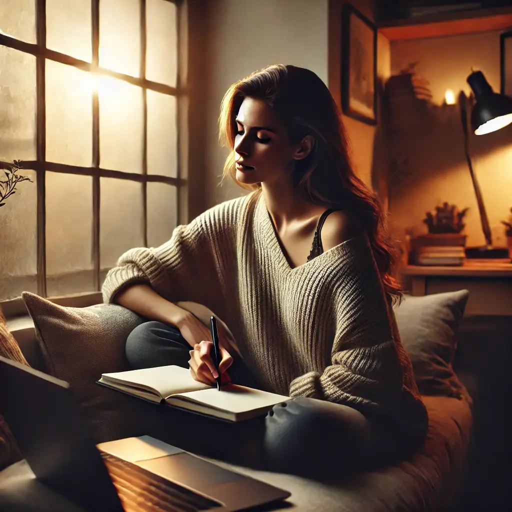 Woman relaxed reading and writing